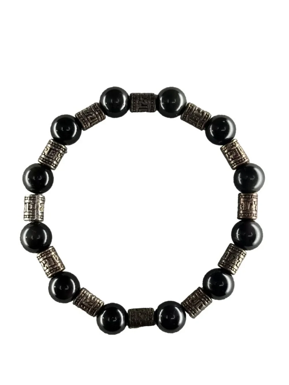 8mm Natural Black Obsidian Stretch Beaded Bracelet Silver Alloy Spacer Charm